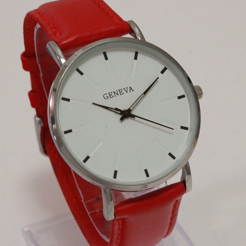 Men's Minimalist Fashion Watch Silver Case White Dial Red Strap 40mm - Picture 5 of 14